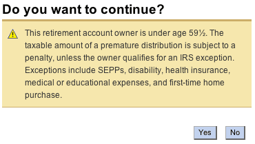 This retirement account owner is under age 59½. The taxable amount of a premature distribution is subject to a penalty, unless the owner qualifies for an IRS exception. Exceptions include SEPPs, disability, health insurance, medical or educational expenses, and first-time home purchase.